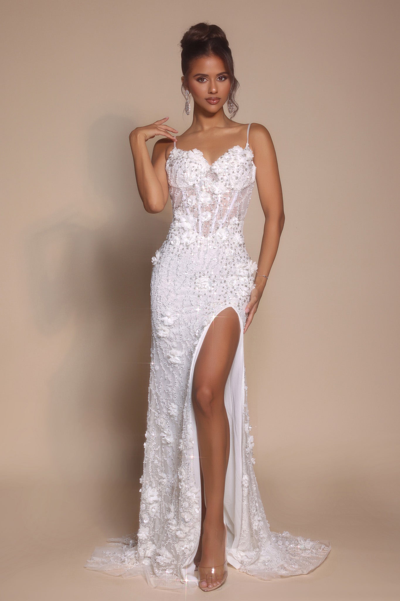 Ivory floral prom dress with high slit - PS25294