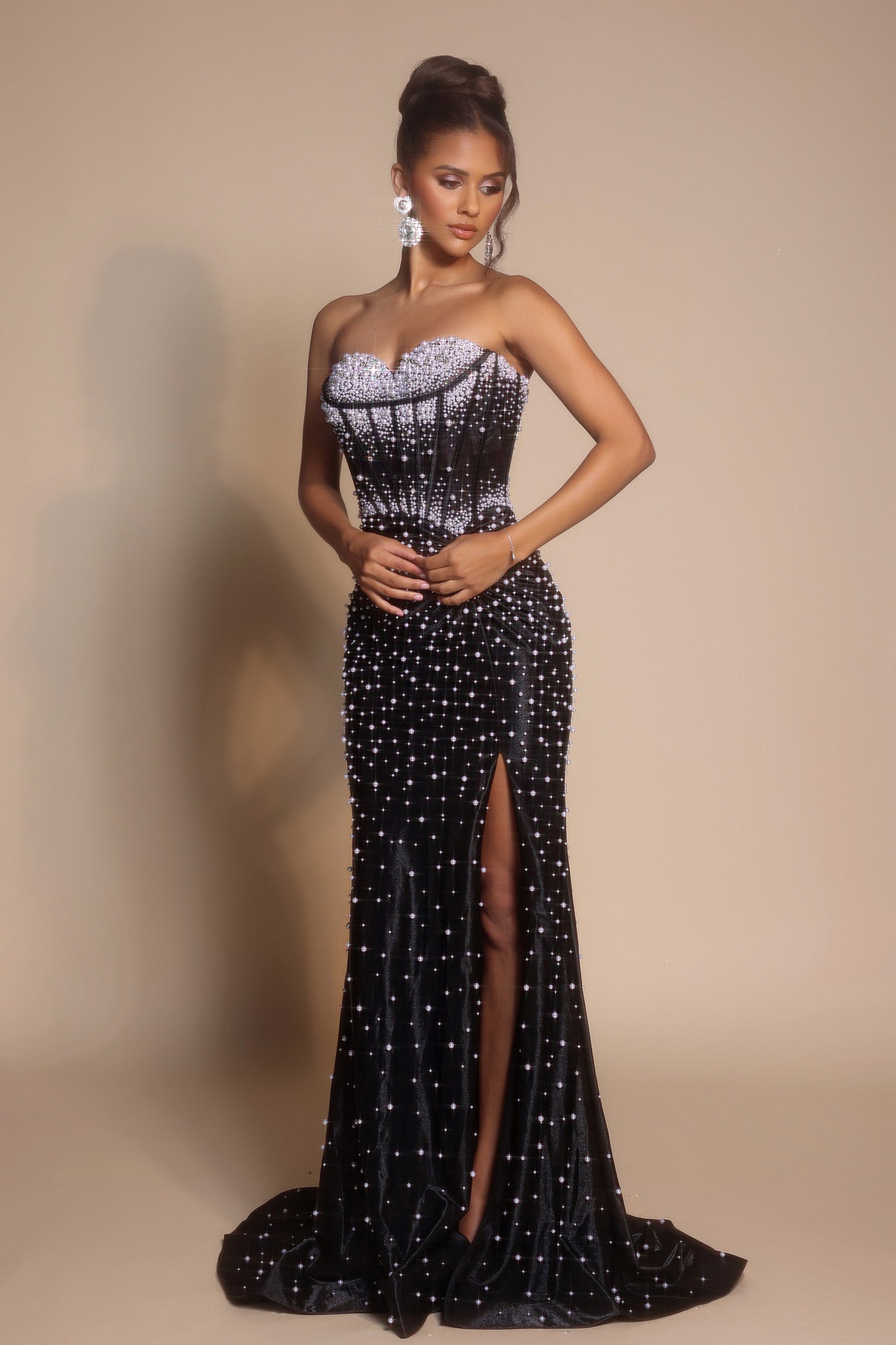 PS26002 Black embellished gown with high slit