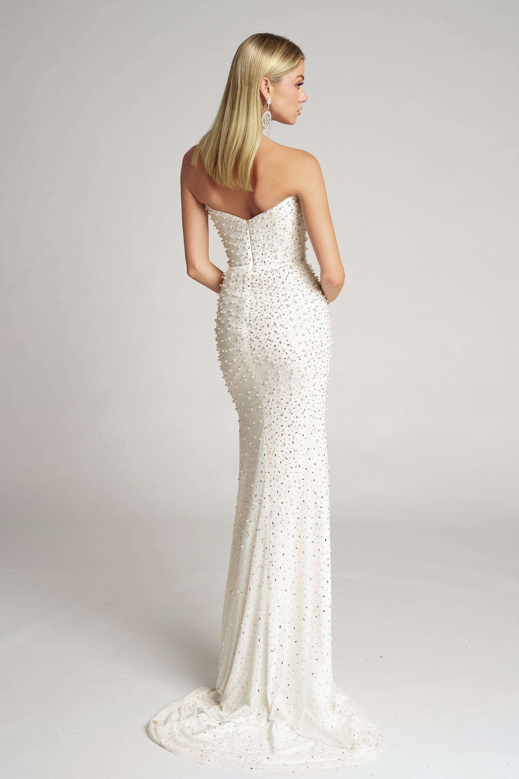 White beaded strapless gown PS26006, from behind.