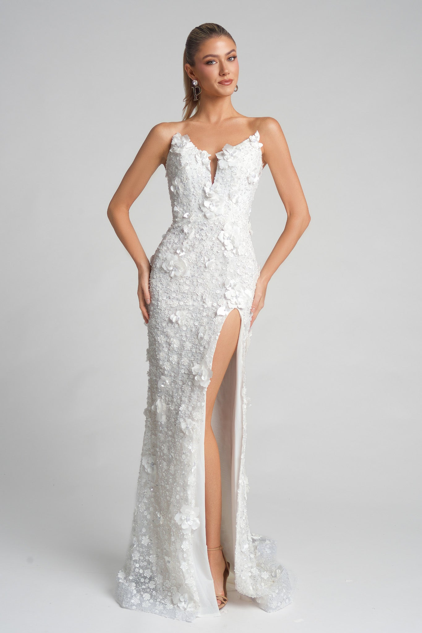 PS26019 White Floral Gown with High Slit