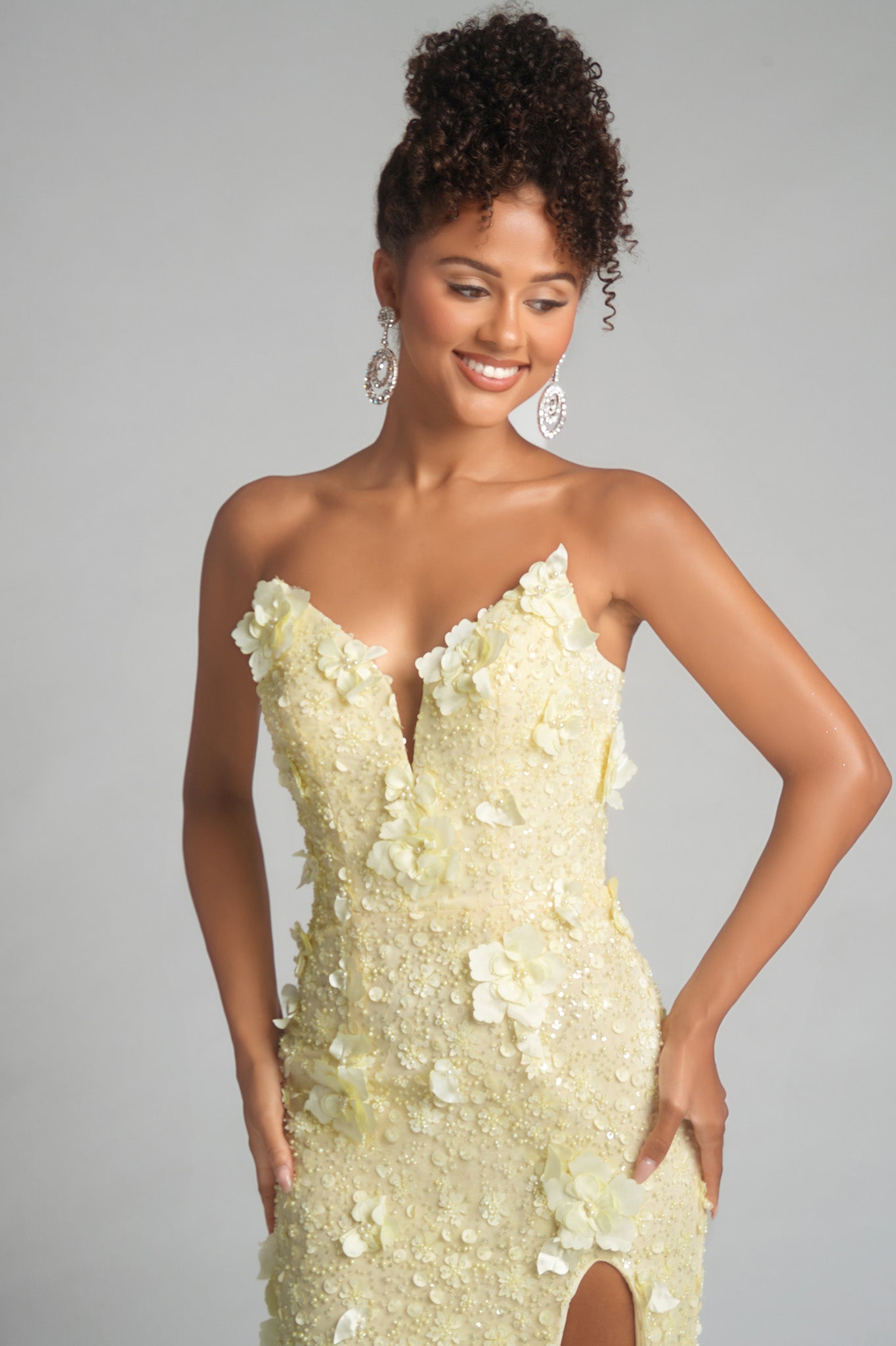 Yellow floral strapless gown PS26019