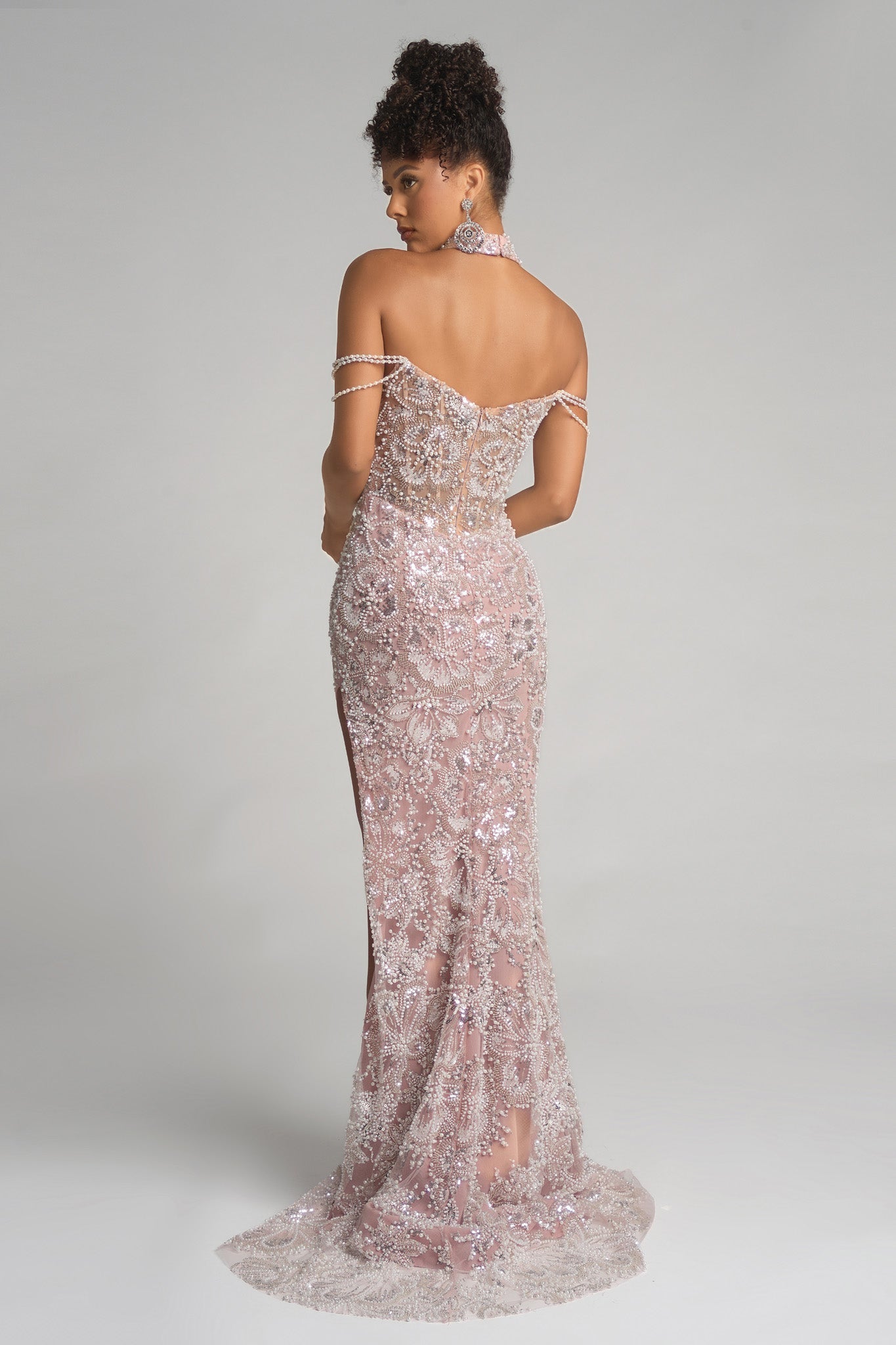 Ivory Blush PS26322E beaded gown with off-the-shoulder neckline.