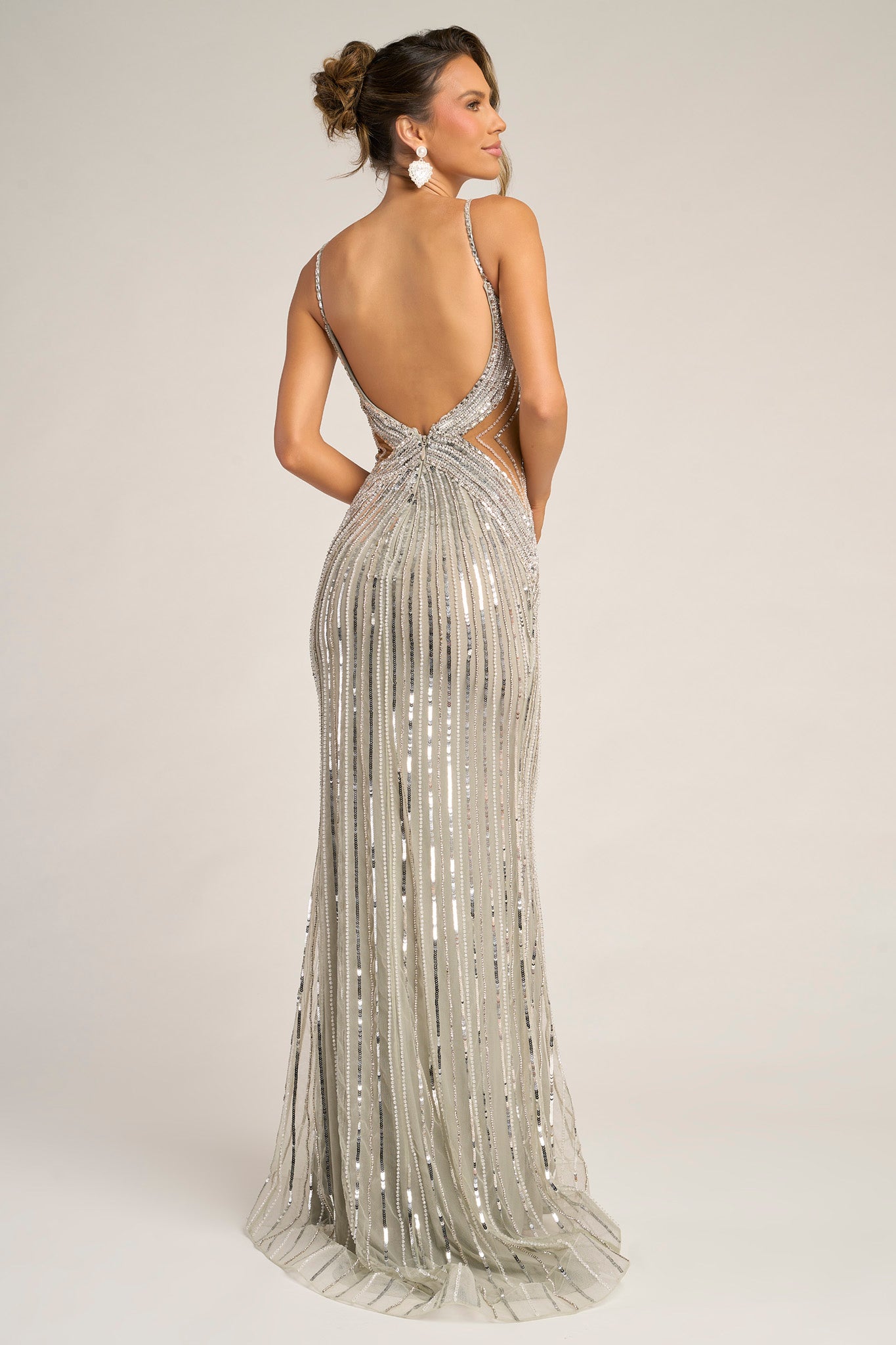 Silver beaded backless gown