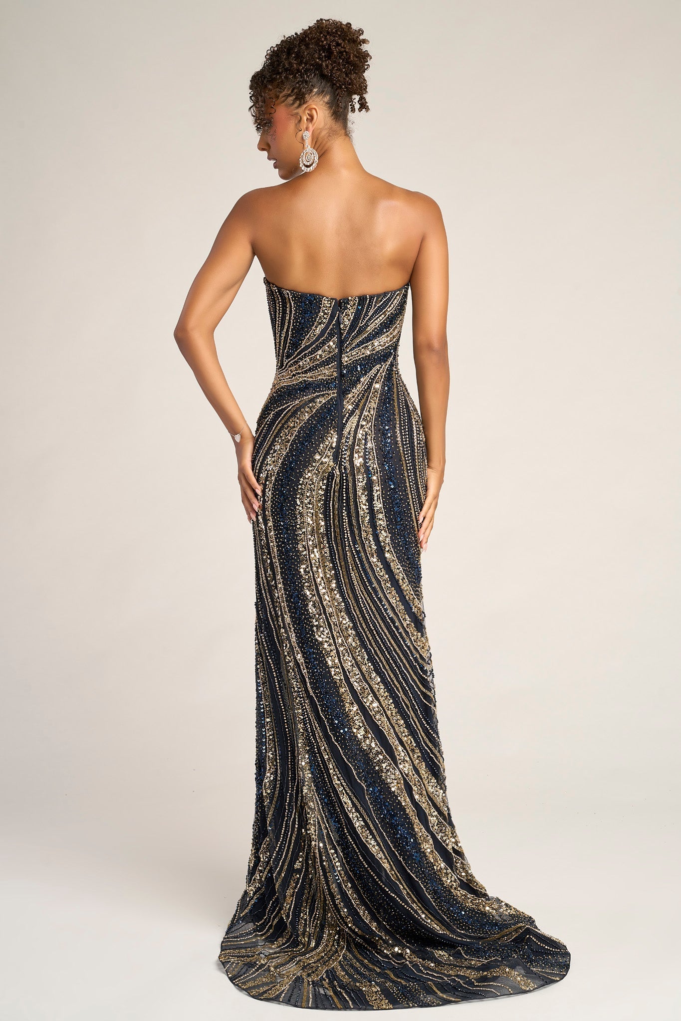 Navy and Gold Strapless Gown - PS26412C
