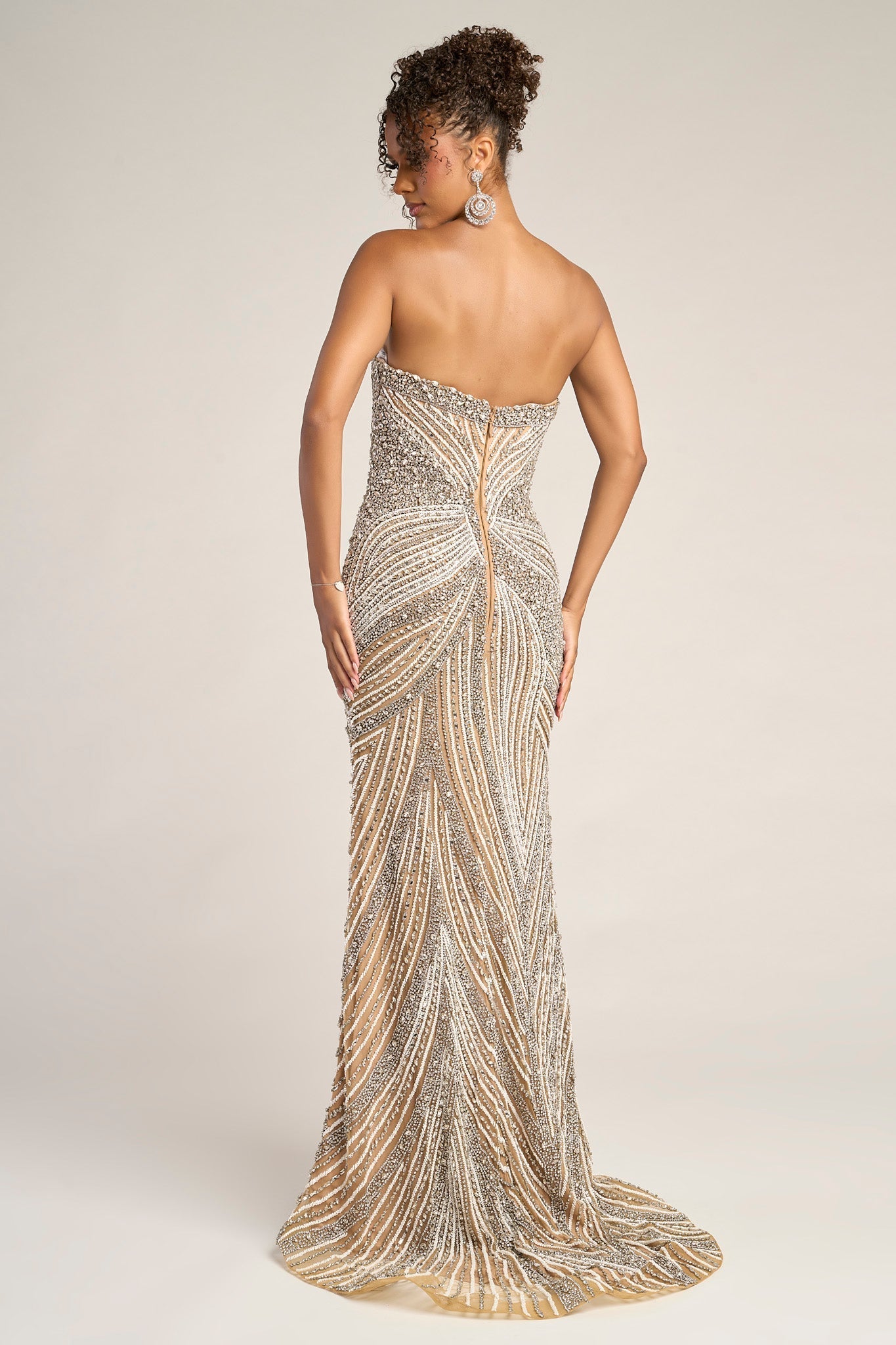 Nude, white, & silver beaded strapless gown PS26448C