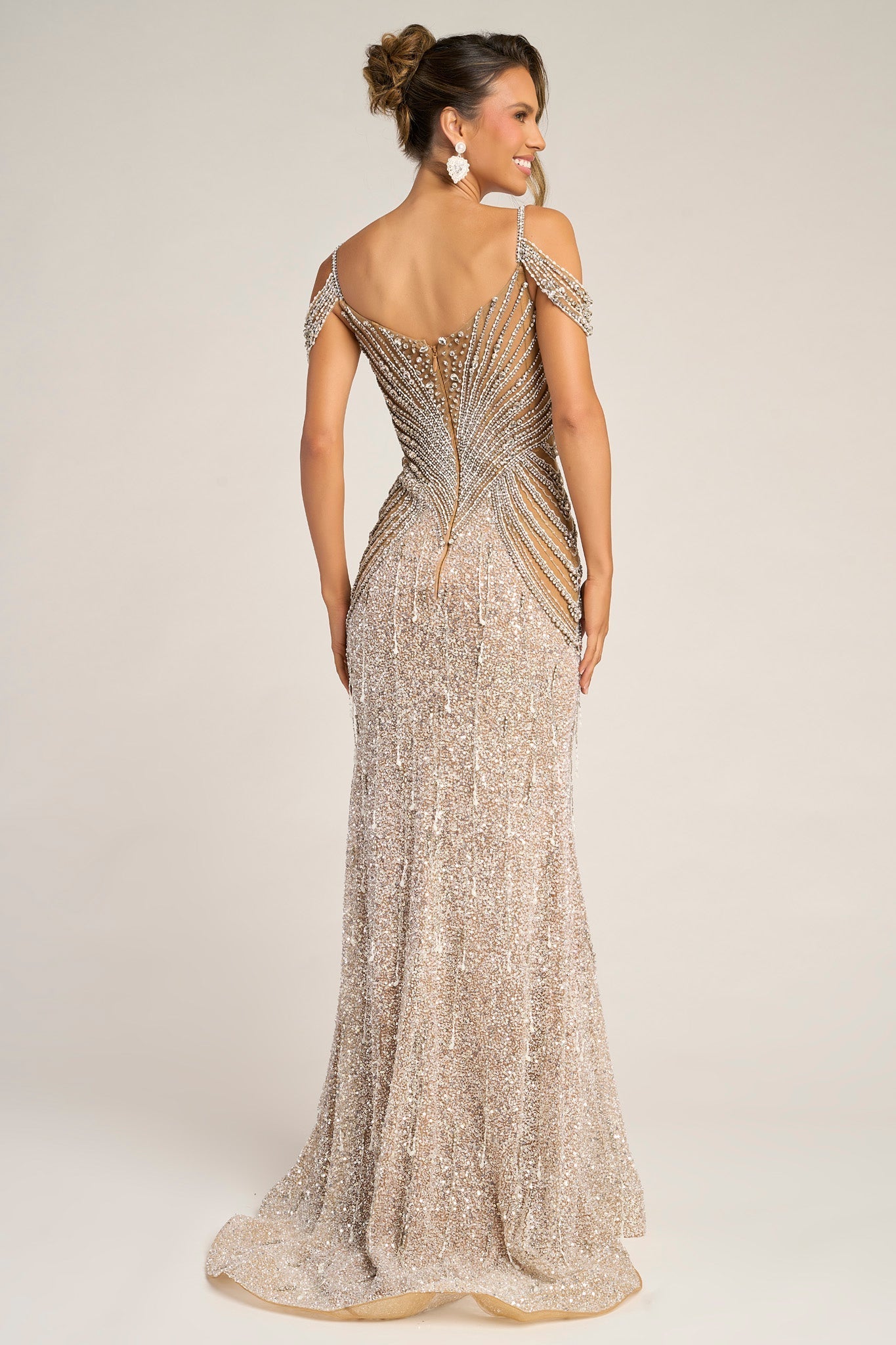 Nude Silver beaded gown PS26449C, elegant formal dress