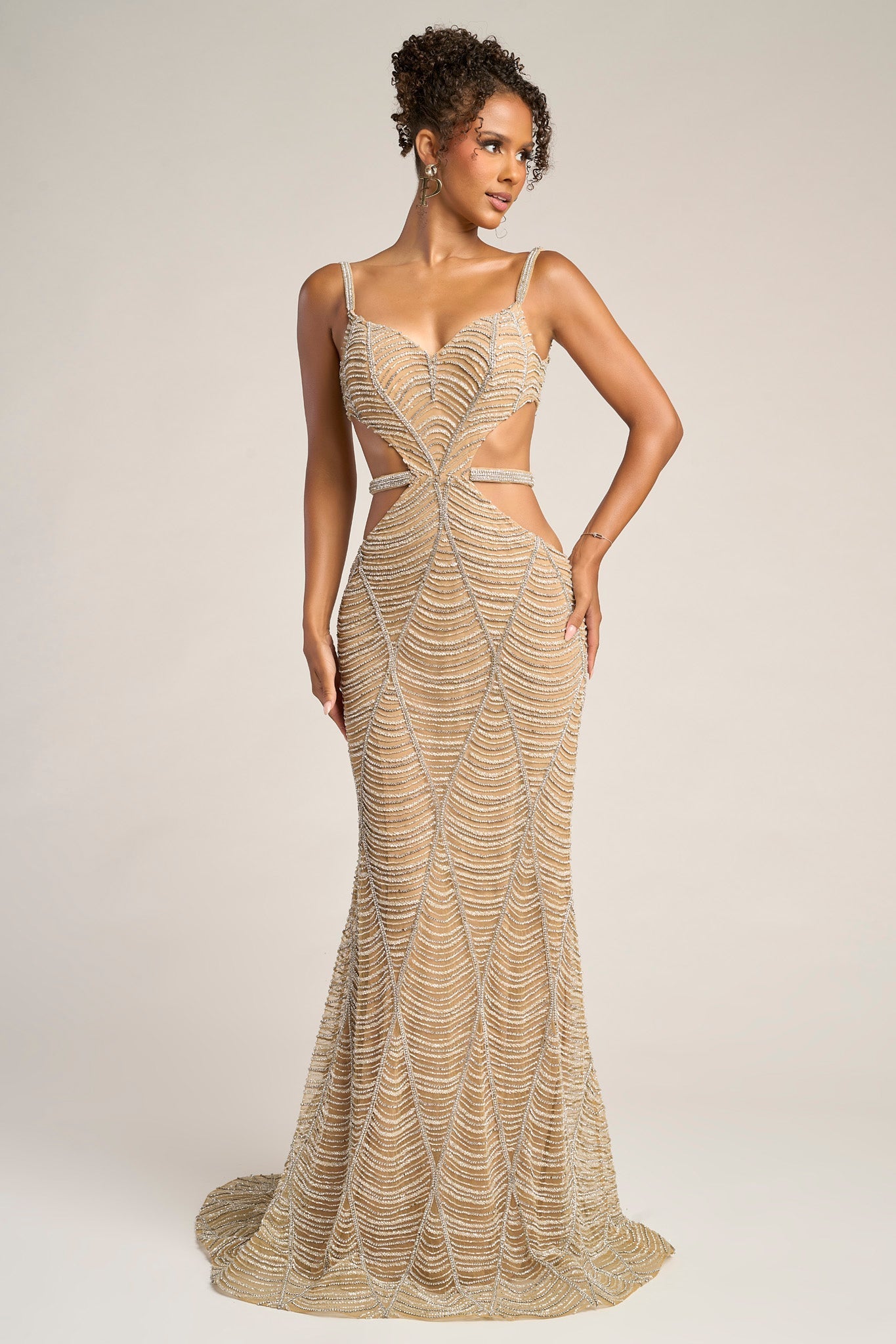 Gold beaded evening gown PS26455C