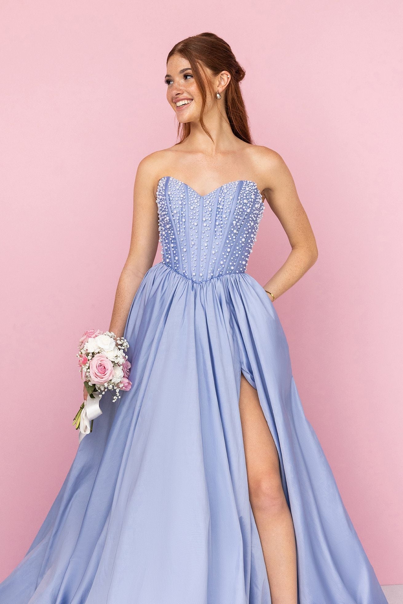 pink and blue formal dress Pink V Neck Mermaid Satin Long Prom Dresses With Pearls Pink / 10