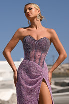 Lilac strapless gown PS24850C with high slit, elegant woman