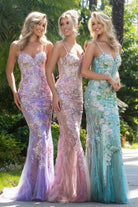 Lilac, Rose, Seagreen floral gowns on models