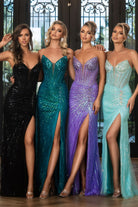 Four women in black, teal, purple, and sky blue sequin gowns.