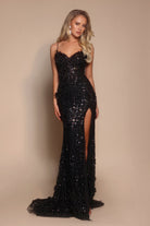 Black sequin evening gown with high slit