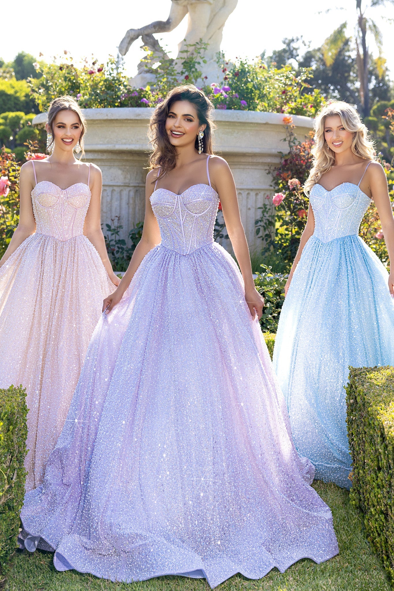 Light pink, lilac, and blue prom dresses
