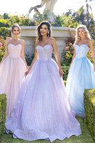Light pink, lilac, and blue prom dresses