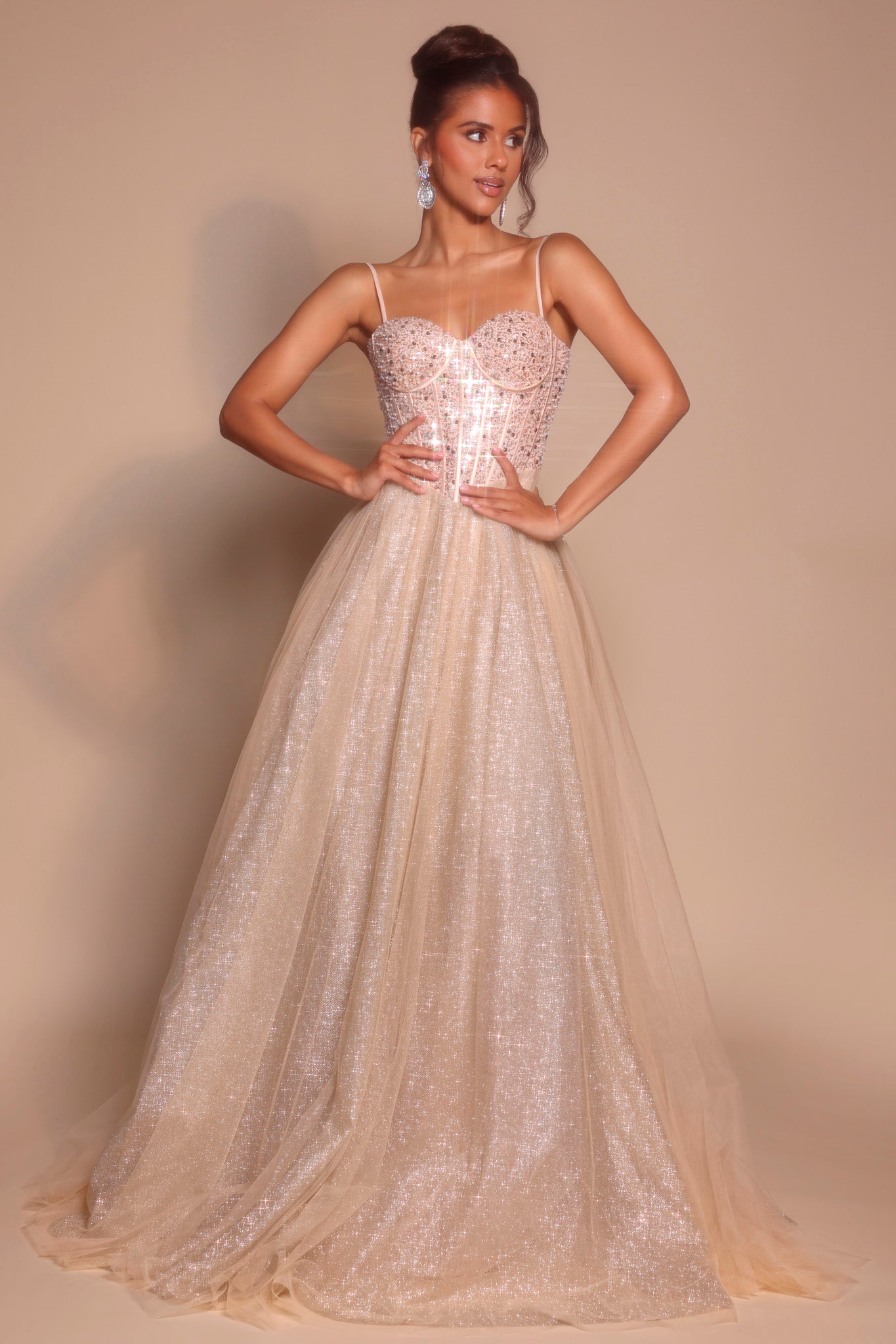 Champagne formal gown PS25311 on model