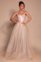 Champagne formal gown PS25311 on model