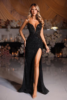 PS25431C Black Sequin Gown with Slit