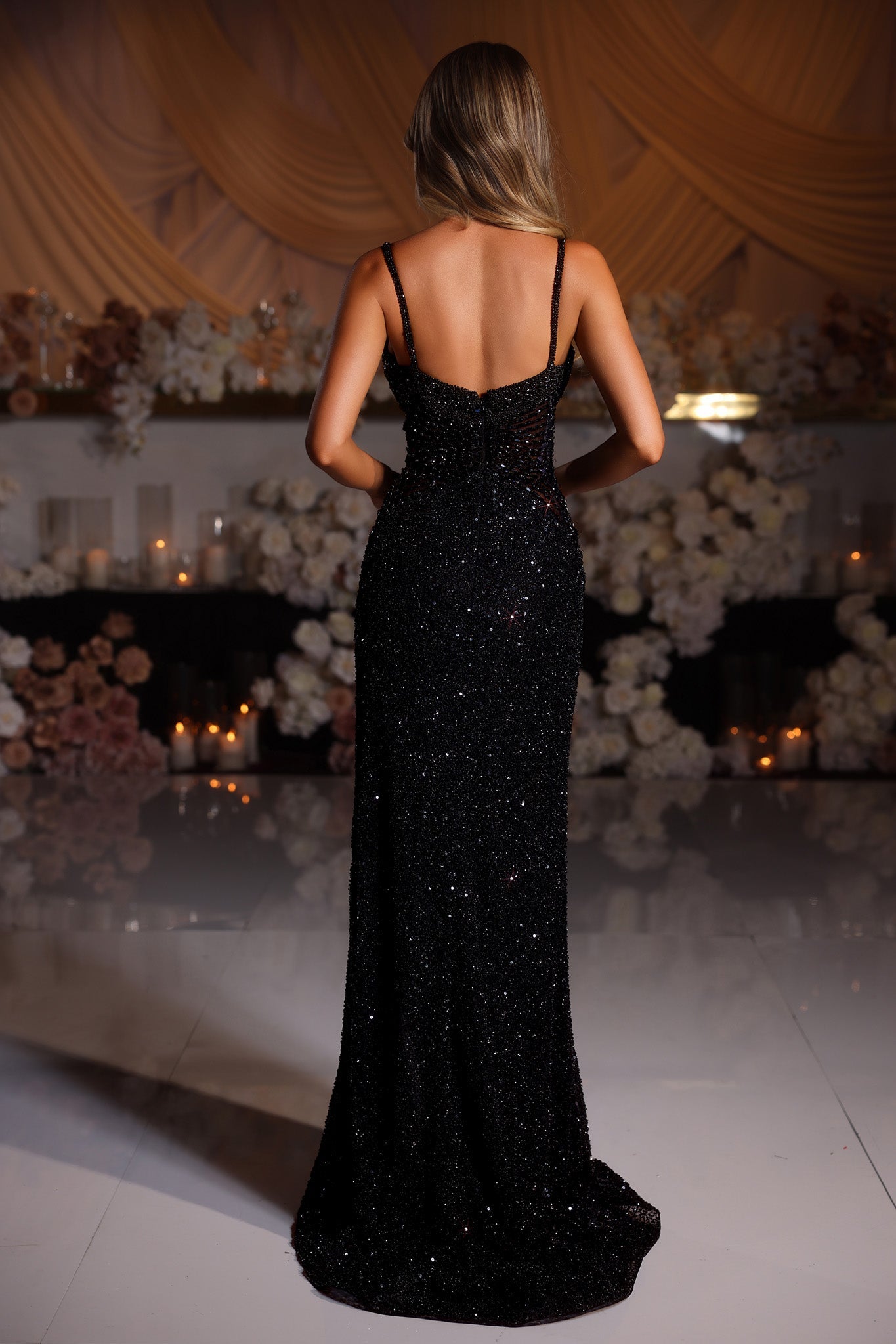 Black sequin evening gown PS25431C