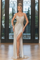 Ivory Gold beaded gown with high slit (PS25438C)