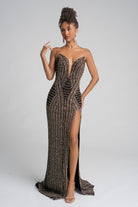 Black and gold beaded evening gown with high slit