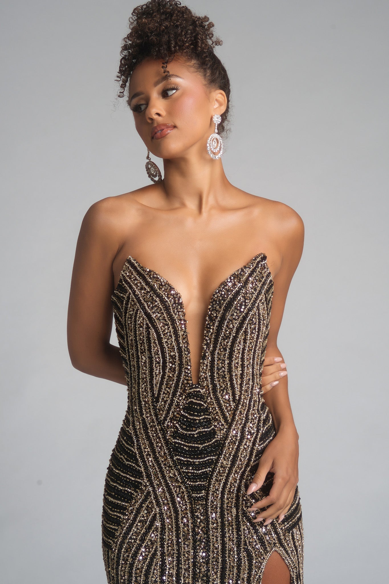 slim fit dress slacks Chic Gold Mermaid High-Neck One-Shoulder 3/4 Sleeves Beaded Split Sati –  misshow.com main image 0
