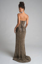 Black and gold strapless gown