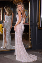 Champagne sequin gown PS25626E with high slit