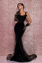 PS25639E Black Velvet Evening Gown with Lace Detail