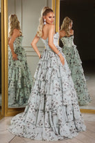Blue floral tiered gown