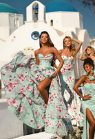 Mint floral gowns in Santorini