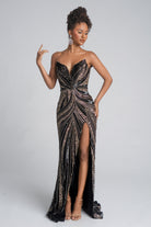 Black & Gold Formal Gown PS25984C with High Slit