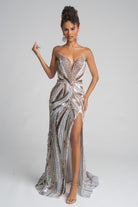 Ivory & Gold Sequin Gown PS25984C - High Slit Formal Dress