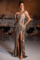 PS25985C Black Gold Sequin Gown