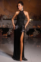 Black sequin gown PS25997C with high slit
