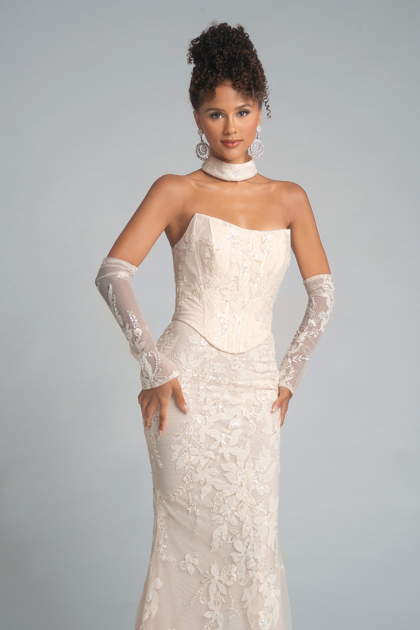 Cream lace wedding dress with gloves, PS26005
