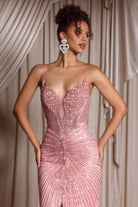 Blush sequin evening gown, PS26012, with heart earrings.
