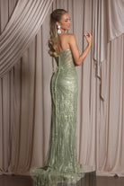 Green sequin formal gown, PS26012.