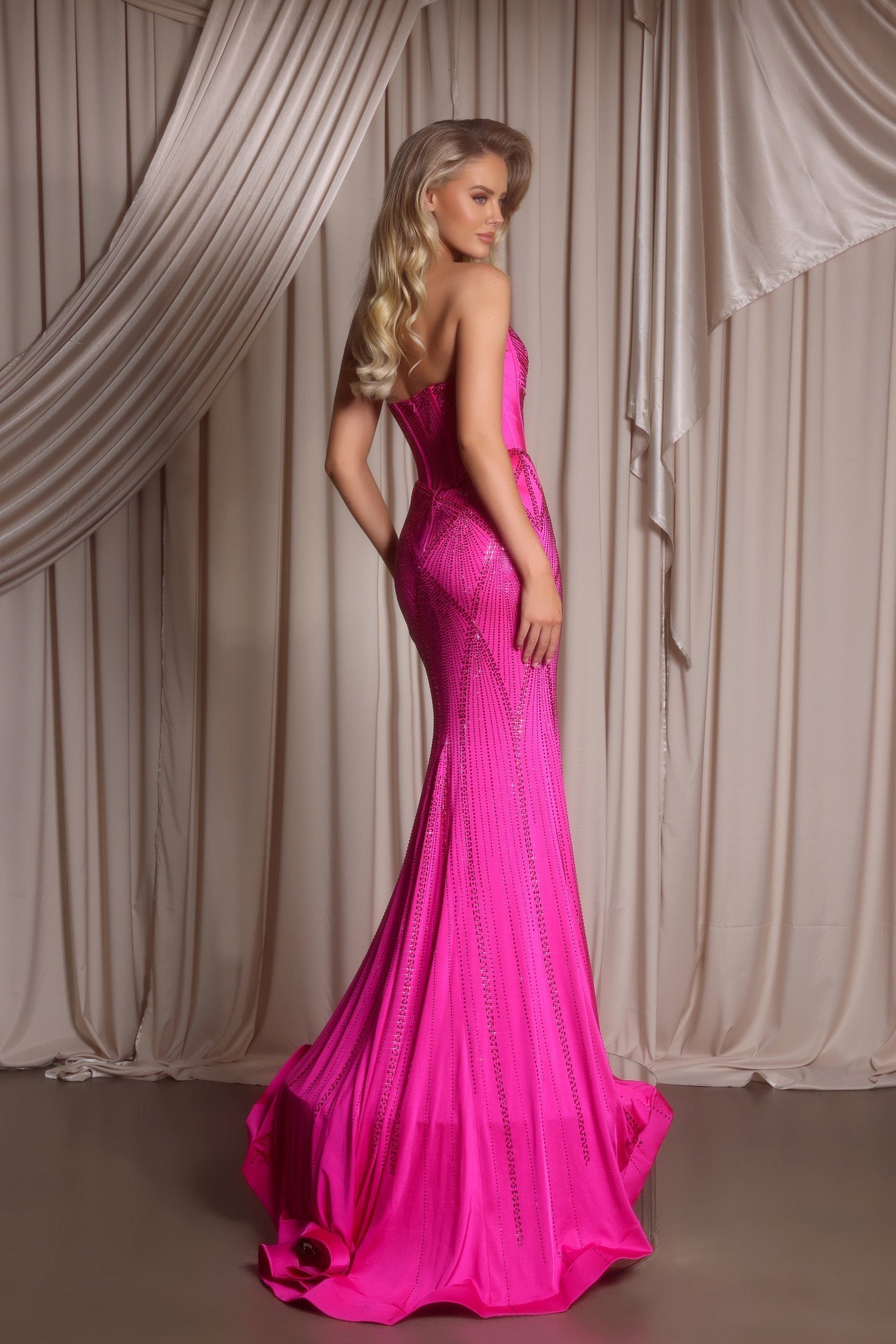 Hot Pink PS26013 evening gown on blonde model