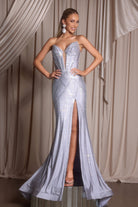 Silver sequin gown PS26013 with high slit
