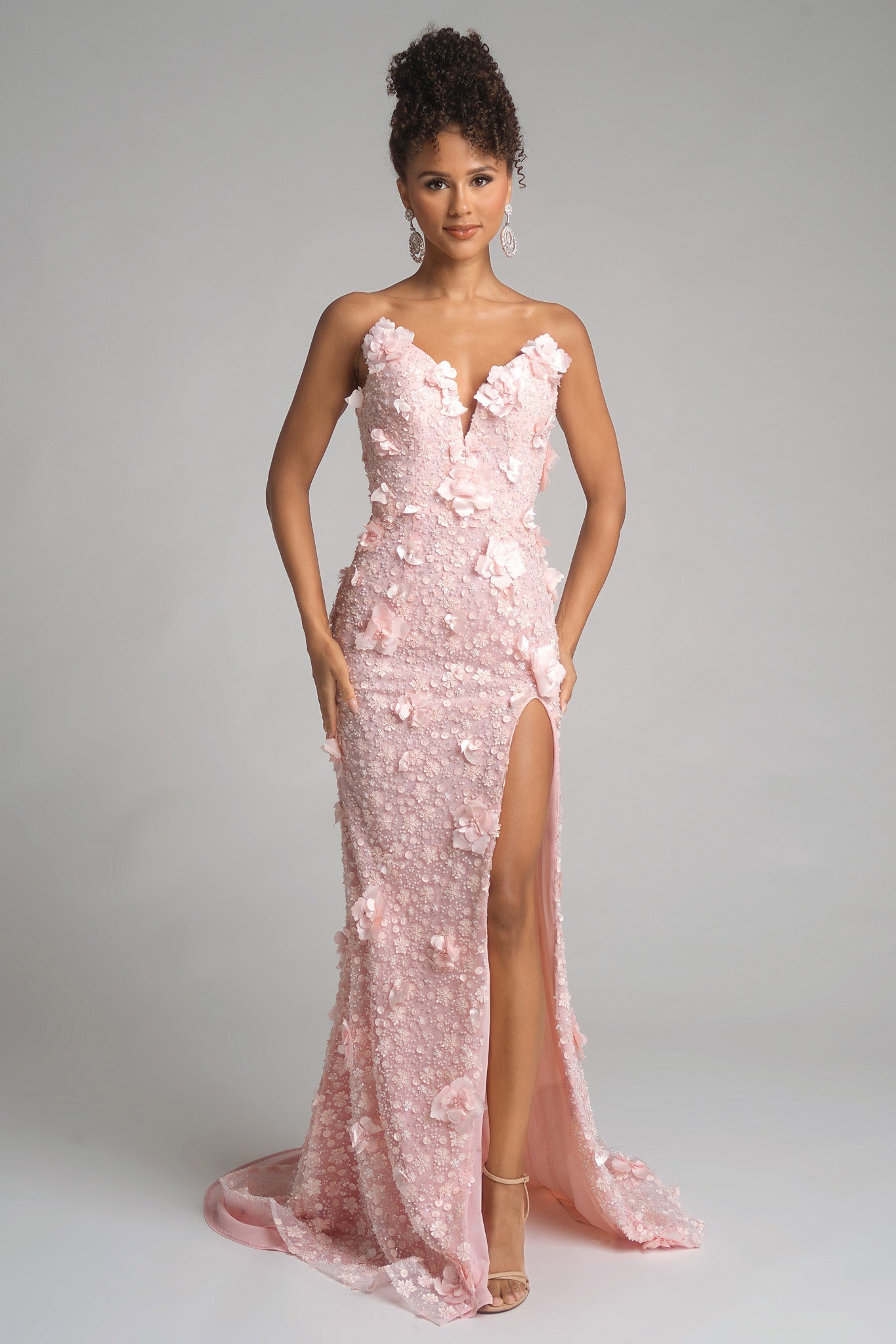 Pink floral formal gown with high slit