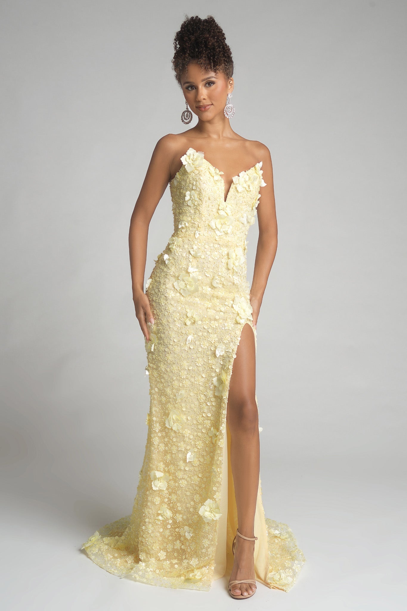 Yellow floral prom dress with high slit