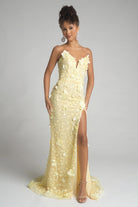 Yellow floral prom dress with high slit