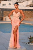 Pink floral strapless gown with high slit