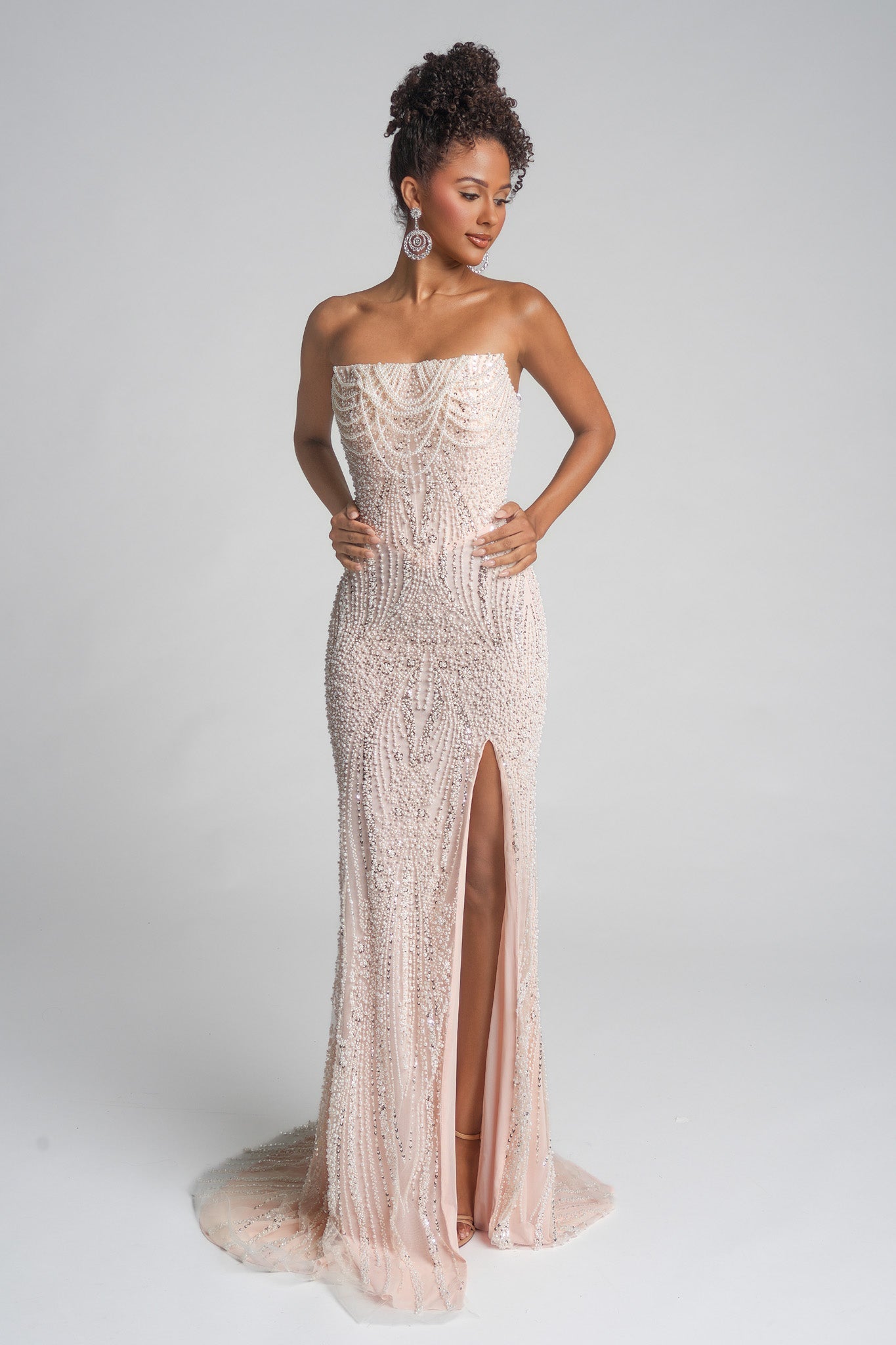 PS26277 CHAMP strapless beaded gown with high slit