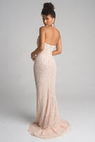 Champagne-colored gown PS26277 on model