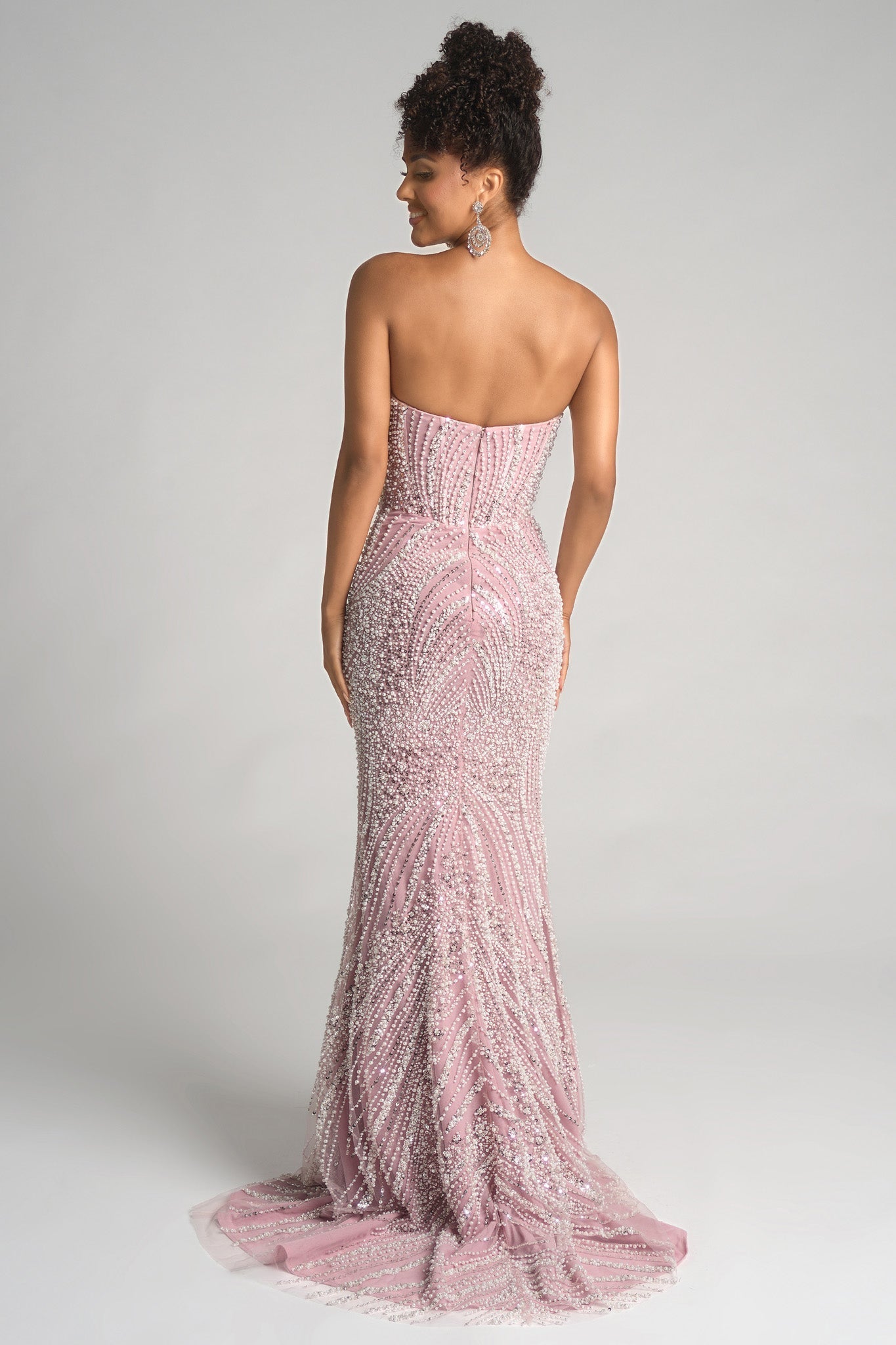 Pink strapless formal gown PS26277 on model