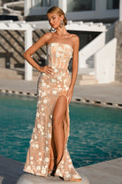 Ivory nude floral embellished gown with high slit
