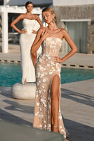 Ivory & Nude floral gown with high slit - PS26309E & PS26302E