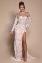White lace formal gown with high slit