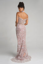 Ivory Blush PS26322E beaded gown with off-the-shoulder neckline.